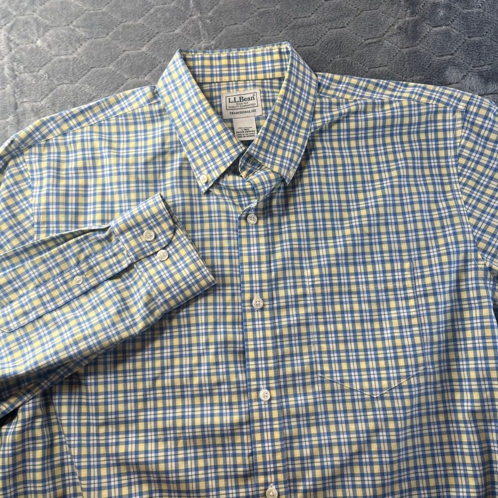 LL Bean Plaid Button Down Shirt Mens Large Blue Yellow Excellent Traditional Fit